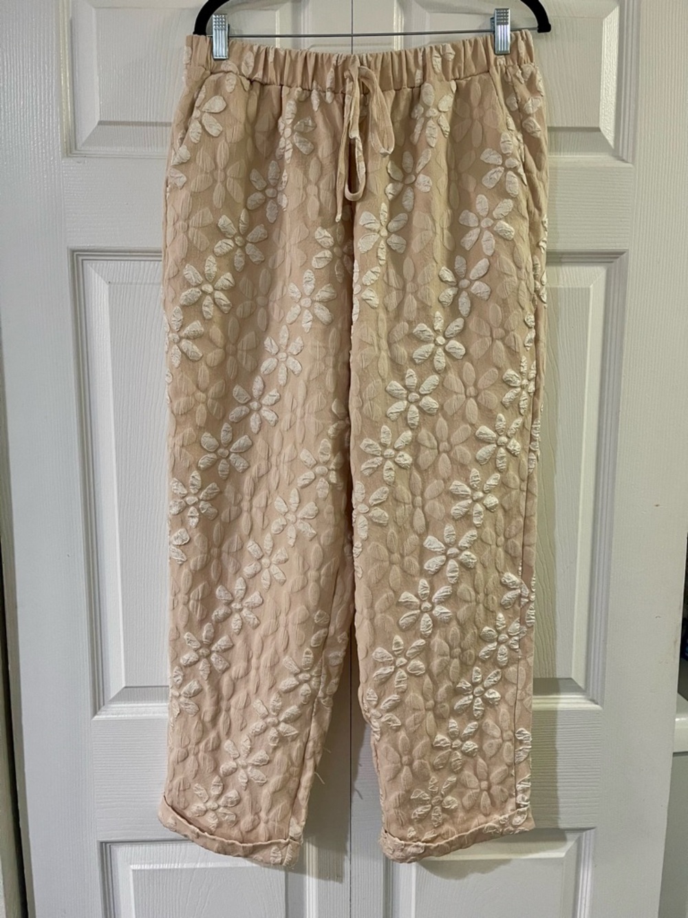 Beige Floral textured Drawstring Pants
